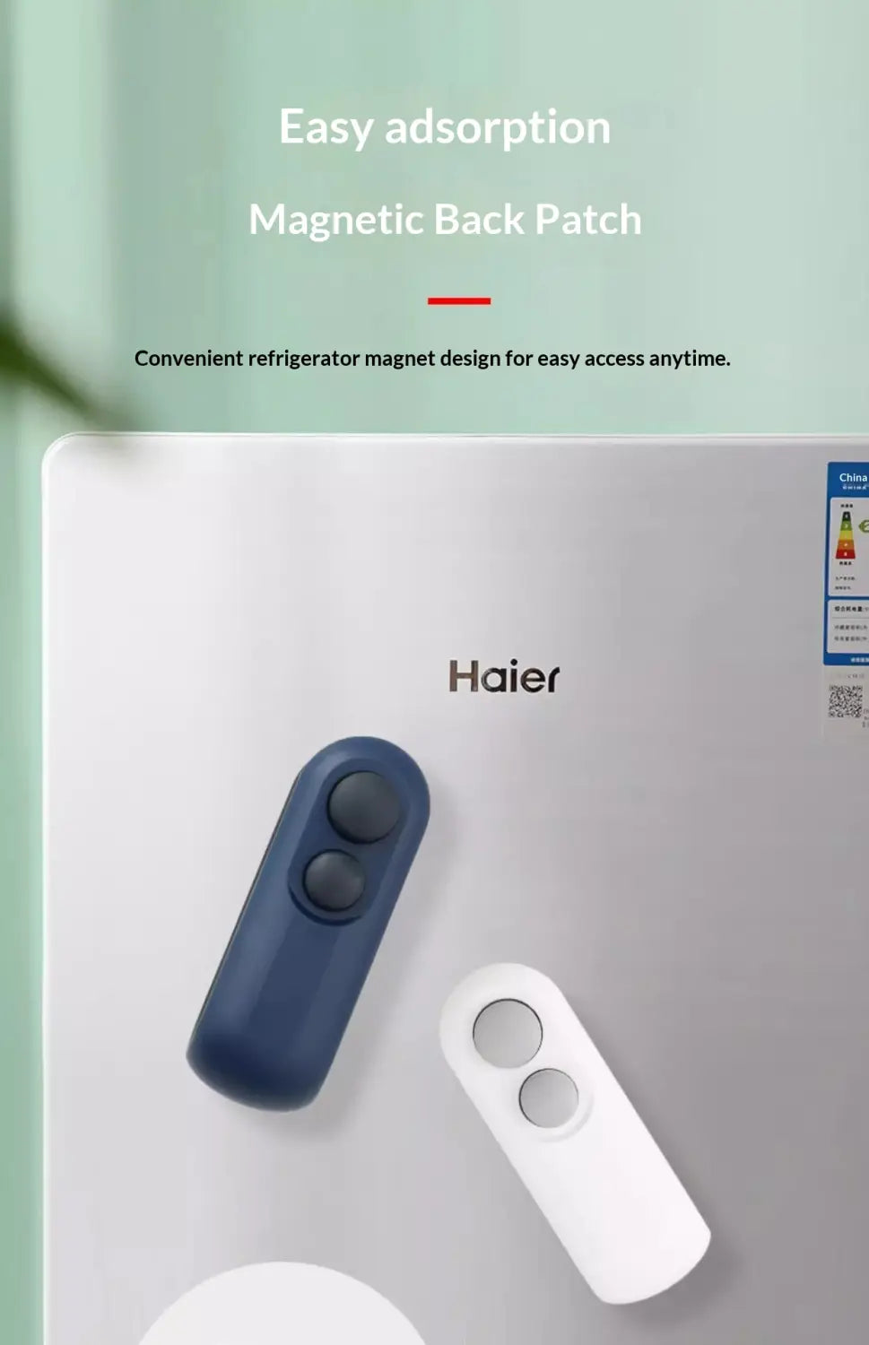 blue and white magnetic back patches for haier refrigerators with a sleek ergonomic shape featured as part of a portable usb heat sealer and magnetic storage clip accessory.
