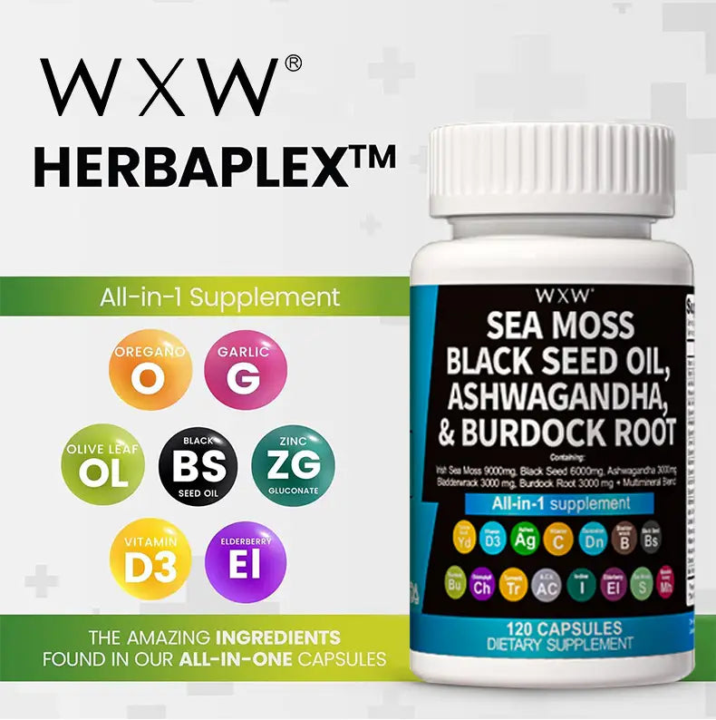 white plastic bottle with white ribbed cap labeled wxx w herbaplex featuring seaweed capsules with sea moss and ashwagandha and ingredients like black seed oil ashwagandha and burdock root for health and wellness supplements.