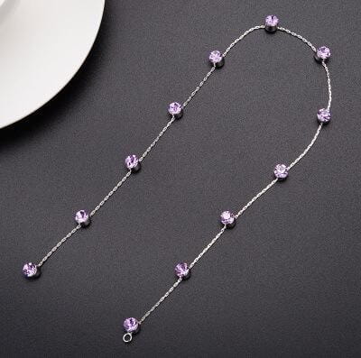 beaded pink floral wedding hair accessories feature a delicate silver chain necklace with evenly spaced round purple gemstones, ideal for wedding hair and hair accessories.