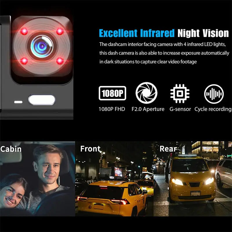 black dual lens dash cam video recorder with four red infrared leds around the lens and a white power button on the side.