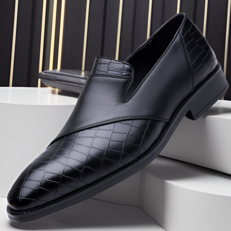 black leather slip-on business dress leather shoe with crocodile texture and sleek pointed toe designed for plus size british business dress use