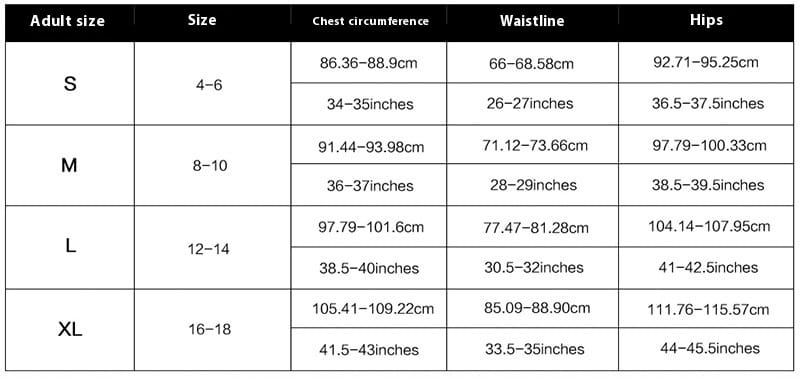 Adult size clothing sizing chart displaying chest circumference waistline and hips measurements for sizes S through XL for green white bikini fashion split swimsuit.