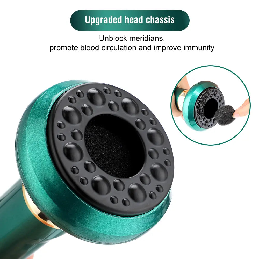 Teal-colored electric vacuum cupping massager head with black textured surface and circular array of raised bumps for gua sha therapy and vacuum cupping massage.