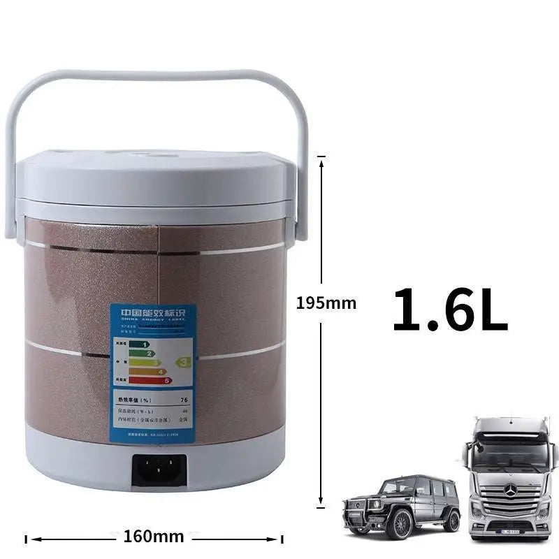 A 12v 24v mini rice cooker with metallic bronze body and white lid for car and truck use with 1.6l capacity