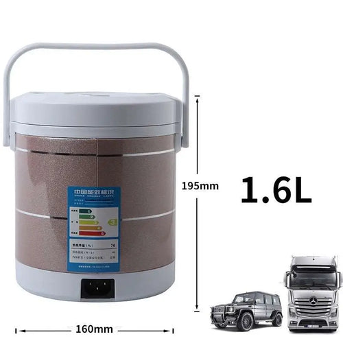 A 12v 24v mini insulated electric rice cooker 1.6l with metallic brown body white lid and digital control panel for car and truck