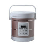 A 12v 24v mini insulated rice cooker with metallic bronze body, white lid, and digital control panel for car use