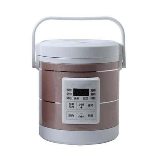 A 12v 24v mini insulated rice cooker with metallic bronze body, white lid, and digital control panel for car use