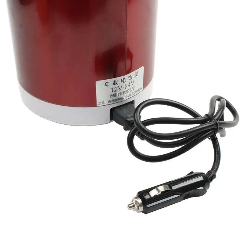 Red cylindrical 12v 24v mini insulated rice cooker with white base and black cord for car use and digital control panel