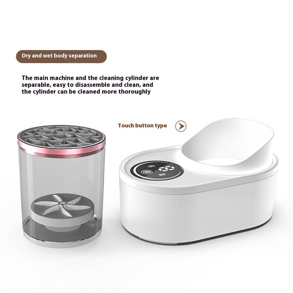 White and rose gold ultrasonic makeup brush cleaner with touch button controls and digital timer for efficient brush cleaning.