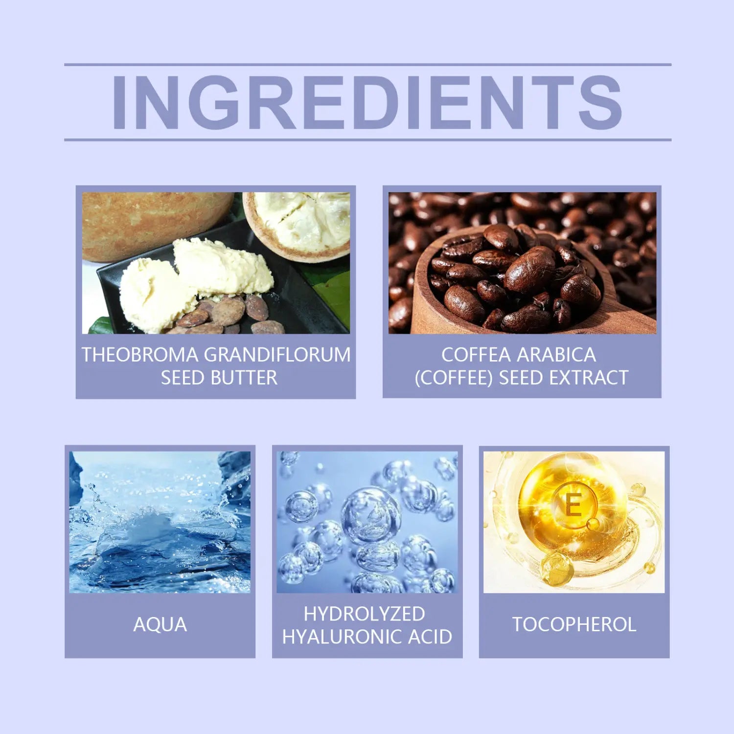 the back side of an anti-aging neck cream product label listing key ingredients including theobroma grandiflorum seed butter and coffea arabica seed extract for neck cream smoothing fine lines.