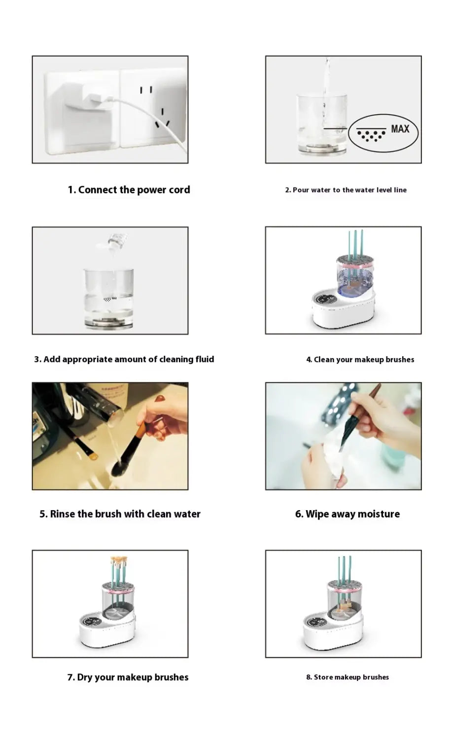 White electric makeup brush cleaner with transparent water reservoir and dual-tiered cleaning chamber featuring a digital timer for effective makeup brush cleaning.