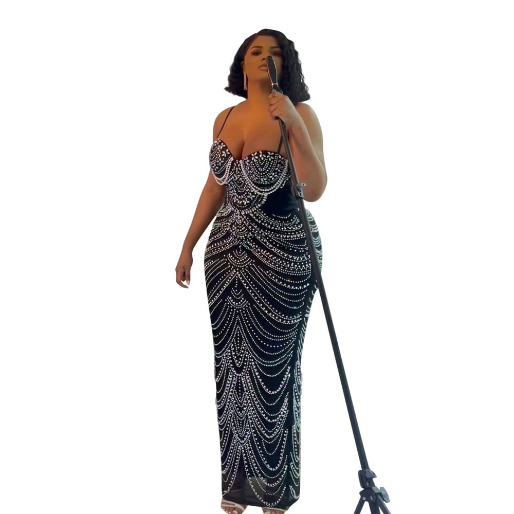 Black floor-length sling hot drilling evening dress adorned with intricate silver beading in cascading wave patterns.