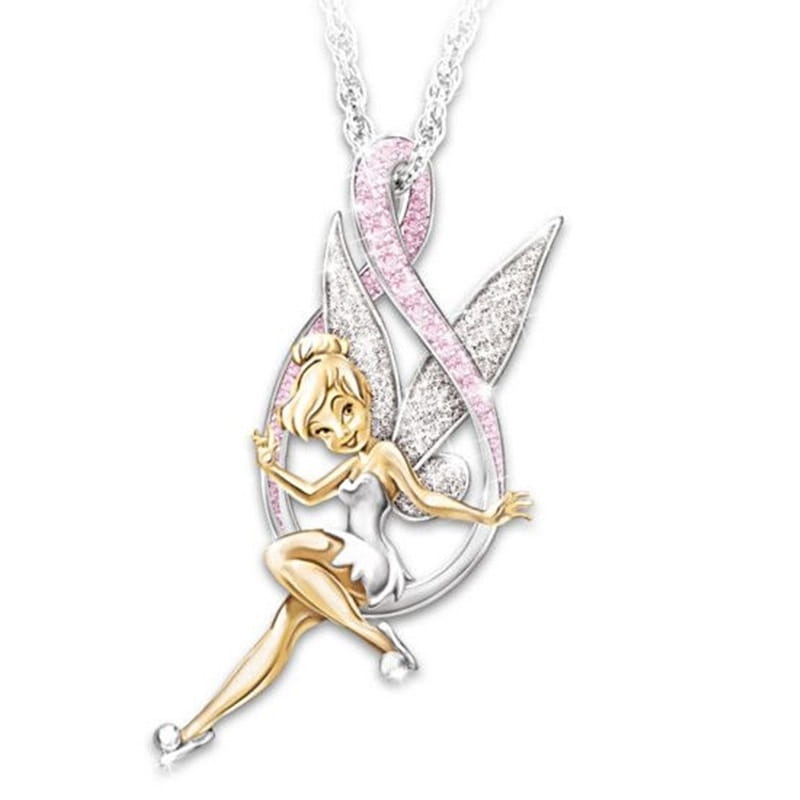 A delicate two-tone tinker bell pendant with sparkling crystal-adorned wings and ribbon design from the fairy series jewelry set.