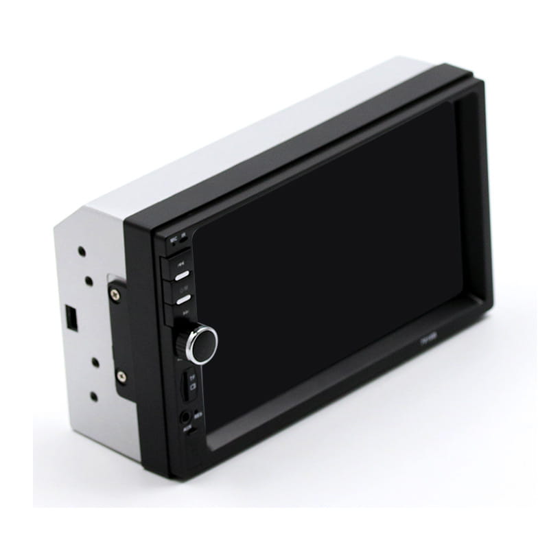 Black and silver 7 inch dual spindle vehicle MP5 car stereo with touchscreen display, control buttons, rotary dial, and mobile phone interconnection capabilities.