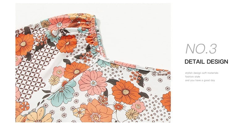 plus size casual loose floral chiffon peplum shirt featuring vibrant orange pink and teal blossoms on a white background in a loose floral printed square design