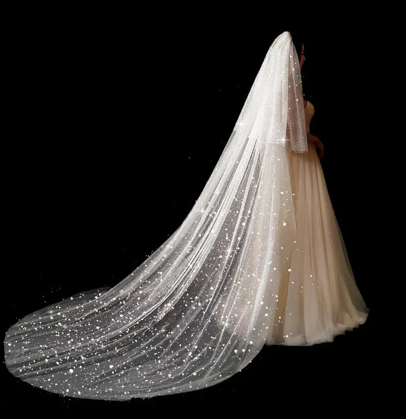 a long flowing white bridal wedding dress veil with sparkling glitter and wide style design cascading elegantly from a hair comb on the bride’s head