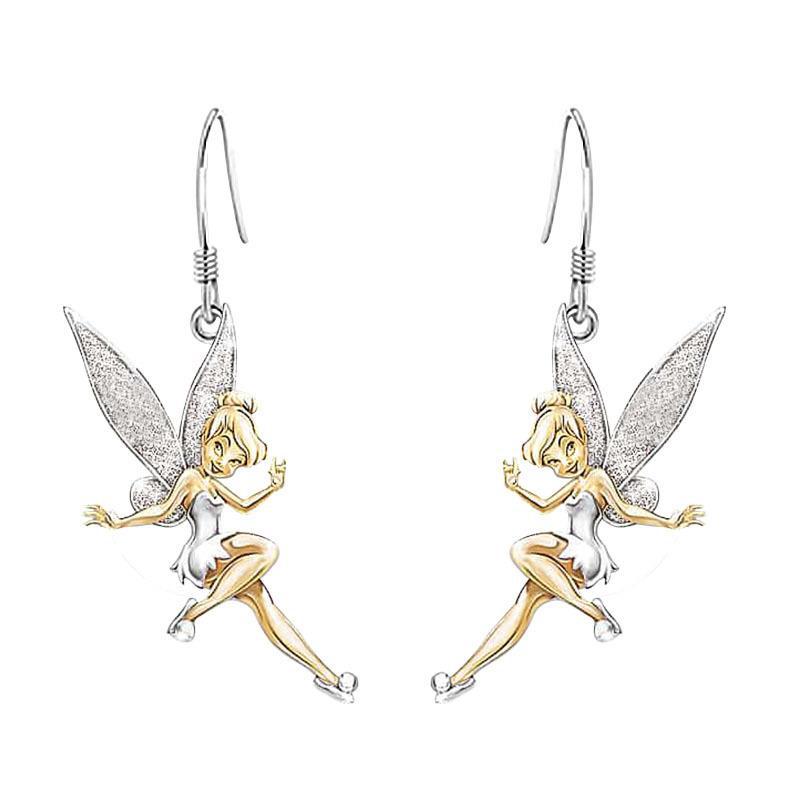 delicate two-tone tinker bell fairy earrings in gold and silver-toned metal with glittery wings from the tinker bell fairy series jewelry set.