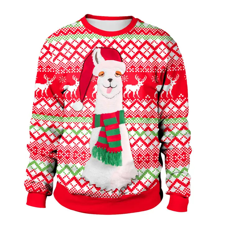 Red and green llama winter fashion ugly christmas sweater featuring a central white llama wearing a santa hat and striped scarf with reindeer patterns in the background.