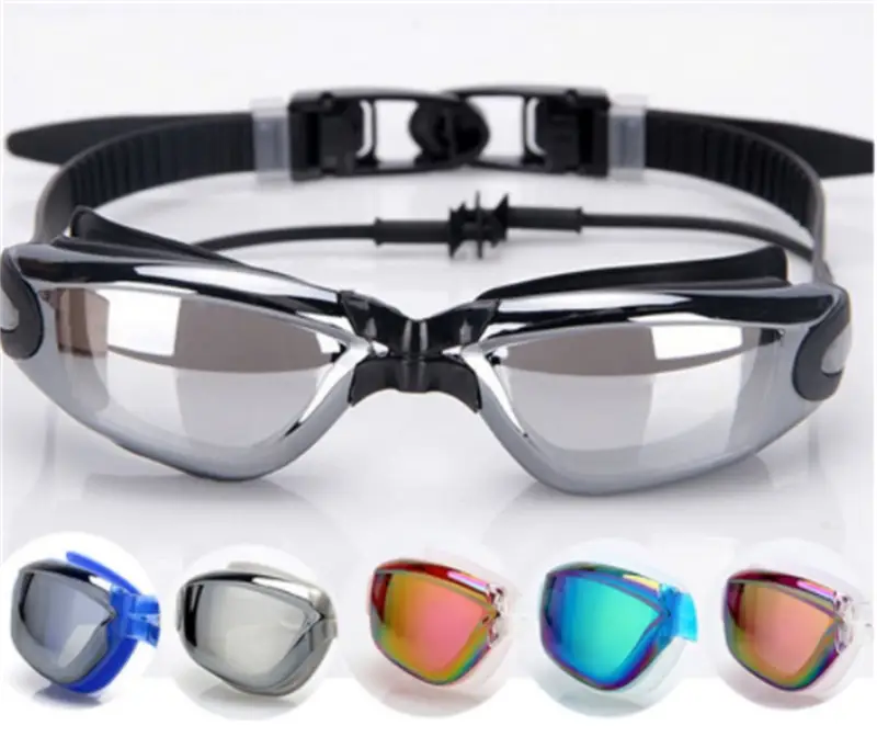 Silver mirrored swimming goggles with black frames and adjustable straps designed as waterproof swimming goggles for enhanced underwater use.