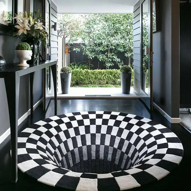 black and white grid circular vortex carpet black featuring a 3d optical illusion design.