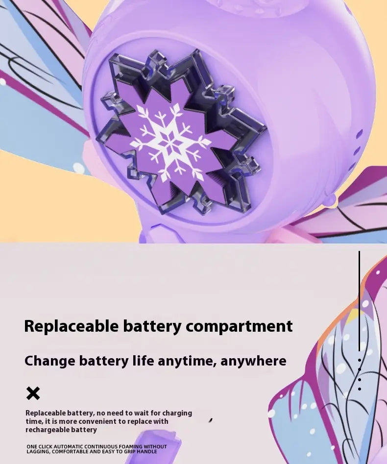Purple butterfly fairy bubble stick showing the back side with a black and white snowflake design on its wings.
