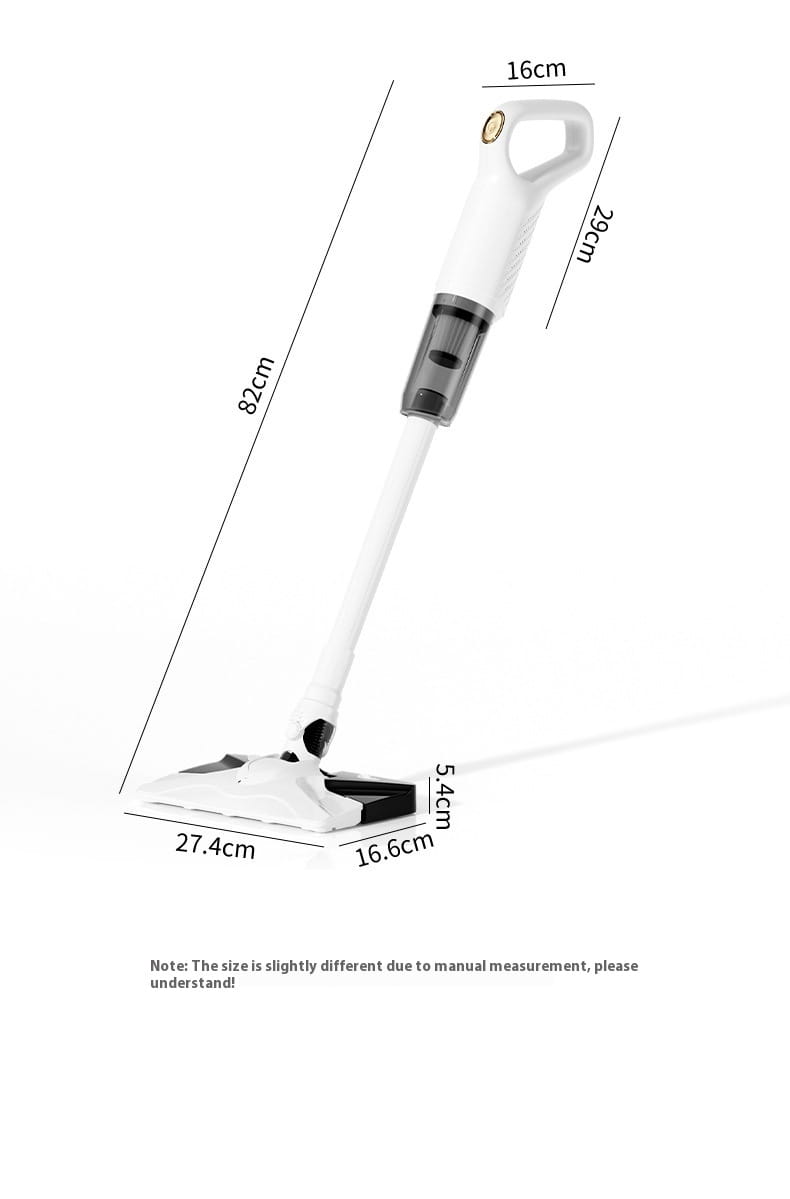 white and black wireless rechargeable vacuum cleaner with a sleek ergonomic handle and transparent water tank designed for efficient cleaning.