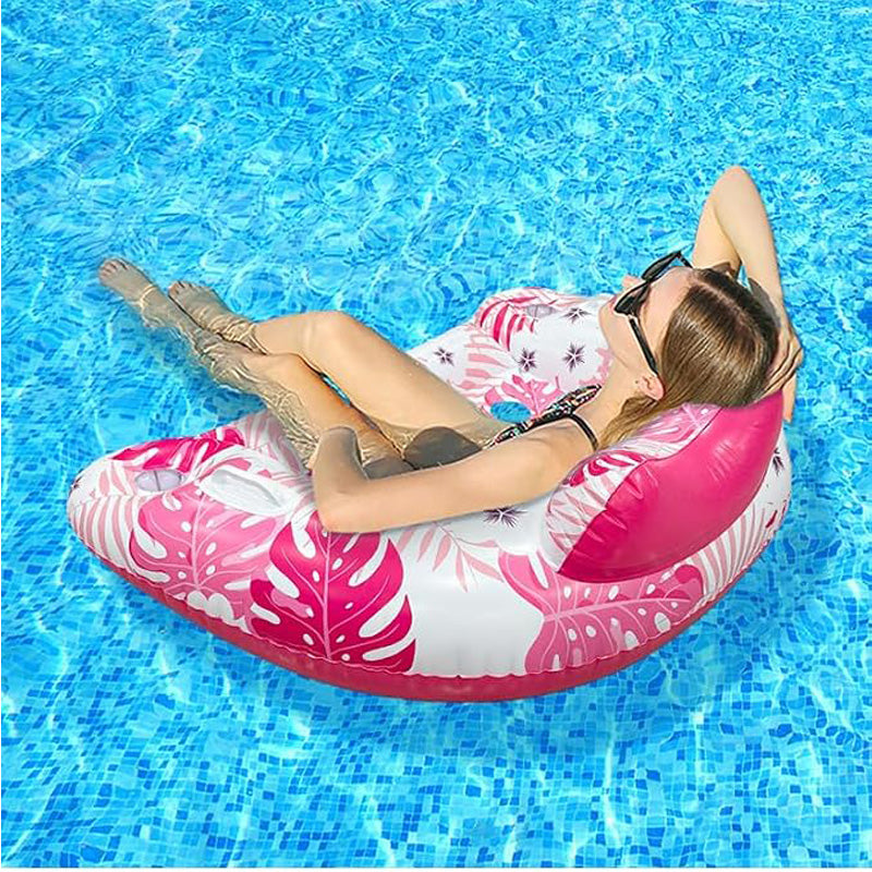 Inflatable Tropical Print Pool Lounge Chair Float with Cup Holders and Air Pump