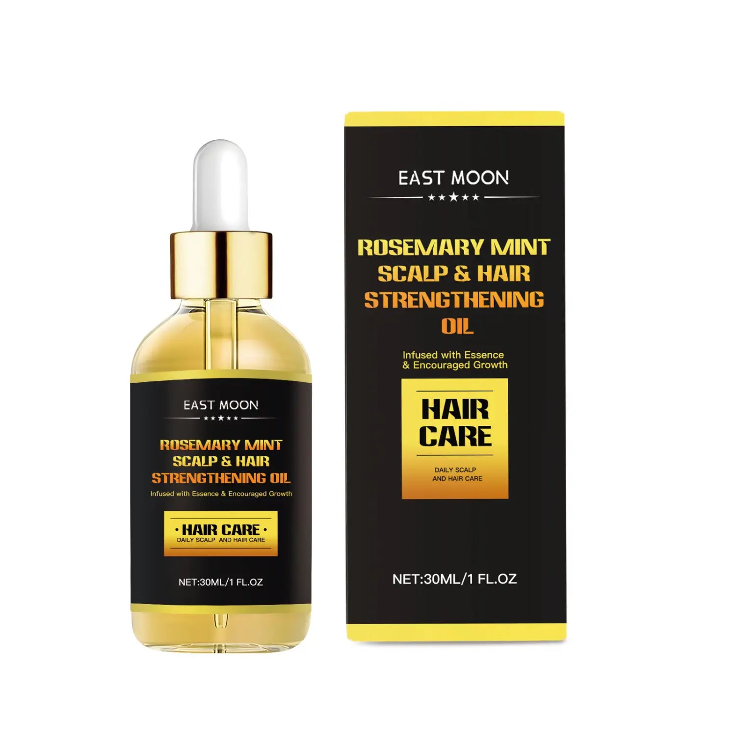 East moon rosemary mint scalp and hair strengthening hair oil in a clear glass bottle with gold dropper cap beside black and yellow packaging from the men’s hair care shaping wave collection set.
