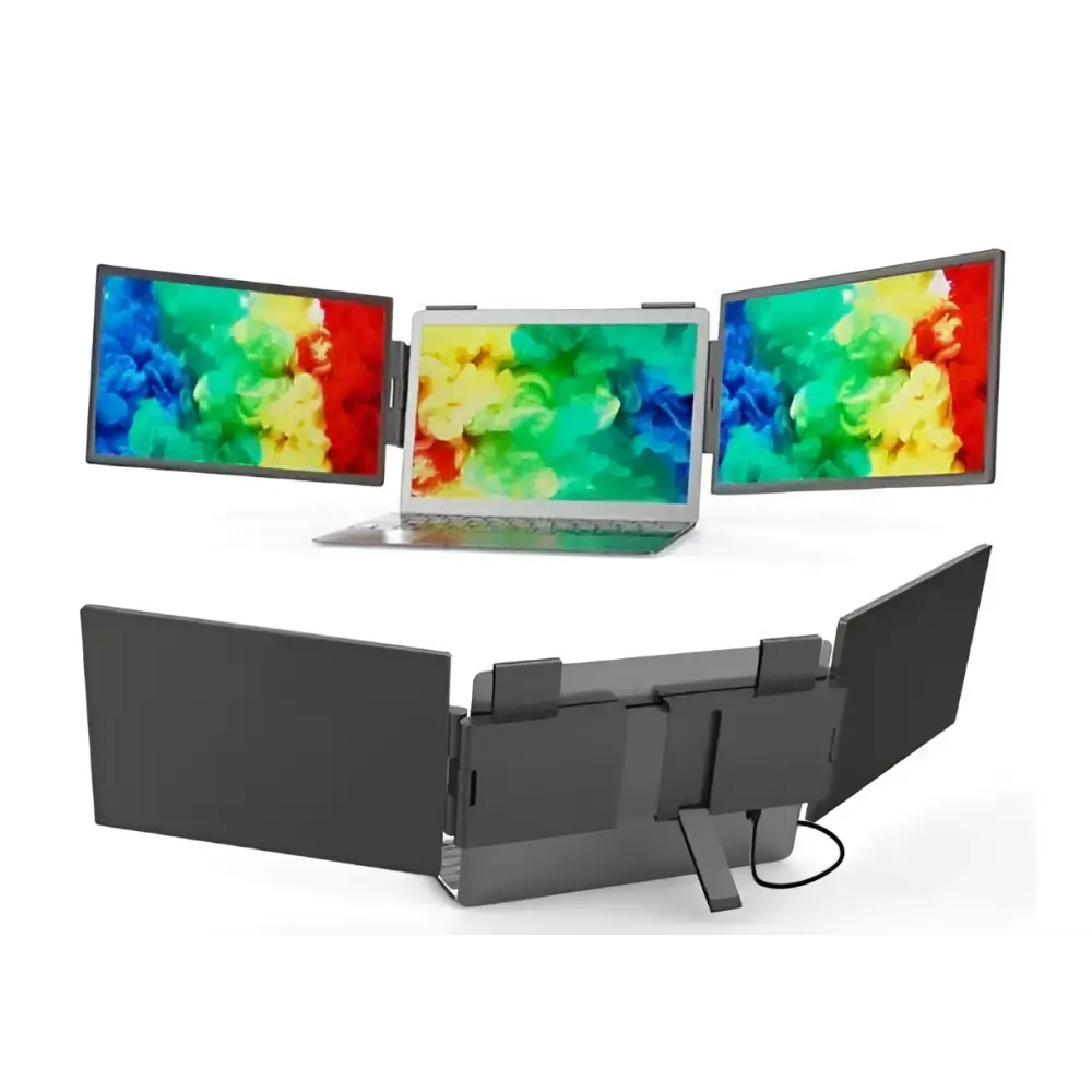 Black triple-monitor stand with adjustable arms and central laptop slot for 14 inch dual screen portable ips panel technology