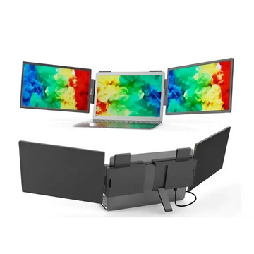 Black triple-monitor stand with adjustable arms and central laptop slot for 14 inch dual screen portable ips panel technology
