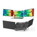Black triple-monitor stand with adjustable arms and central laptop slot for 14 inch dual screen portable ips panel technology