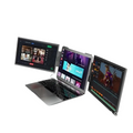 Silver laptop with three external monitors showcasing dual screen portable monitor with ips panel technology and vibrant multi-colored abstract displays