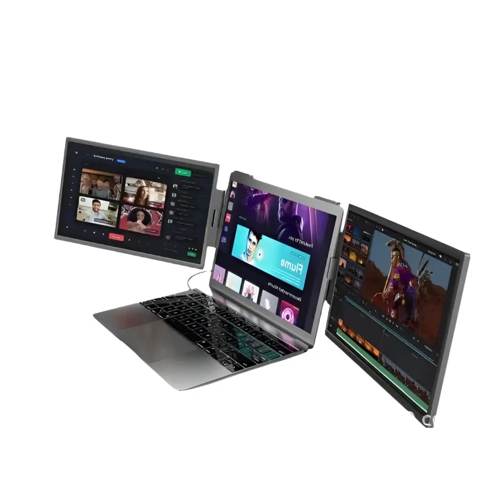 Silver laptop with three external monitors showcasing dual screen portable monitor with ips panel technology and vibrant multi-colored abstract displays