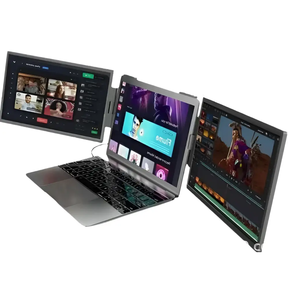 Silver 14-inch dual-screen portable monitor with vibrant abstract wallpaper for dual-screen setup and external expansion