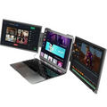 Silver 14-inch dual-screen portable monitor with external expansion showing dual-screen setup for video editing and streaming