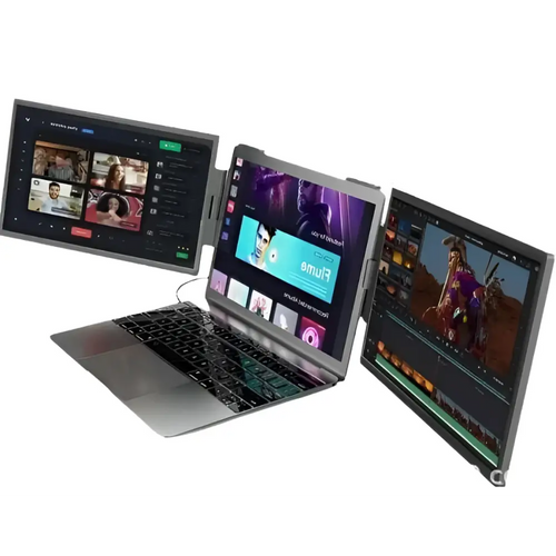 Silver 14-inch dual-screen portable monitor with external expansion showing dual-screen setup for video editing and streaming