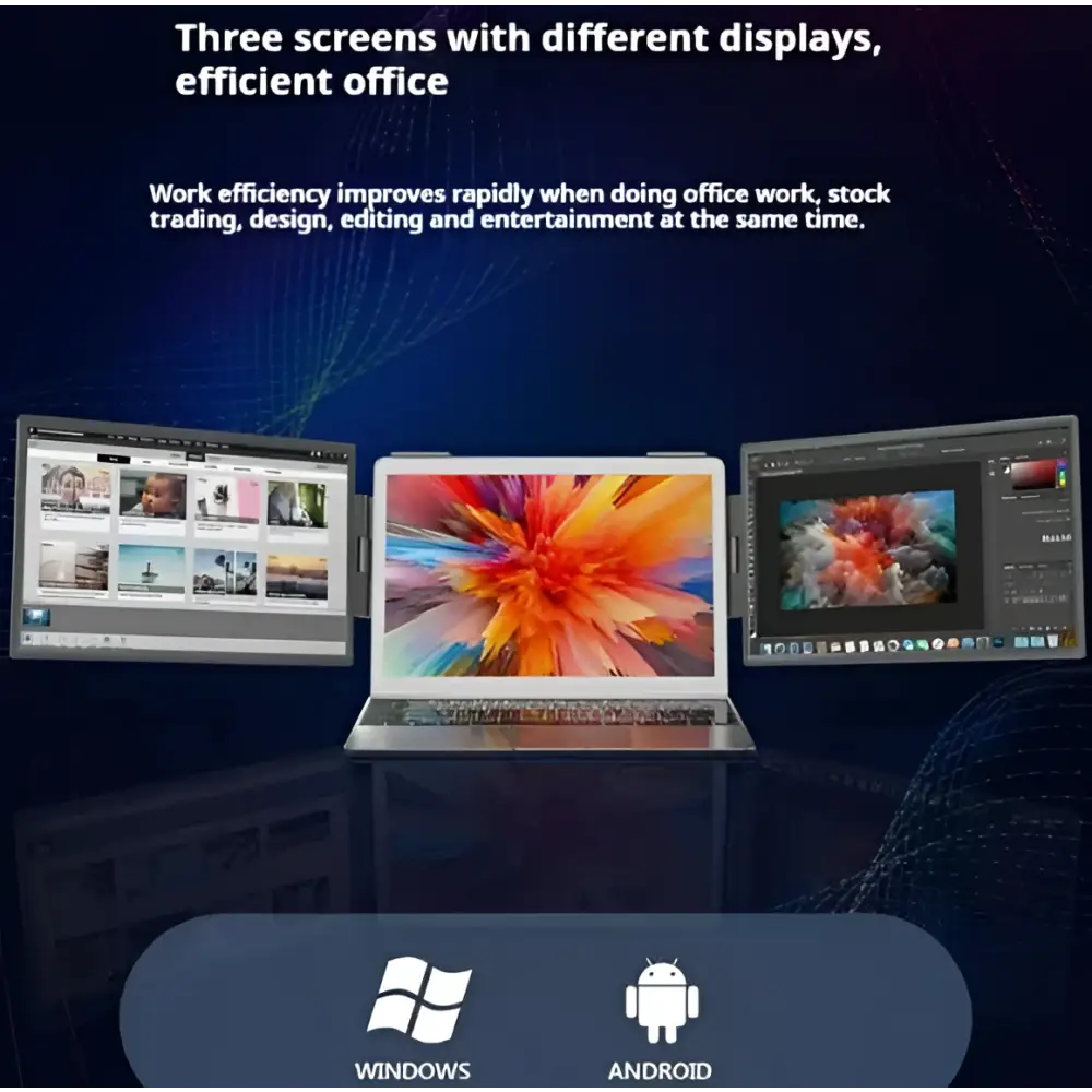Silver 14-inch dual-screen portable monitor with vibrant abstract wallpaper for dual-screen setup and external expansion