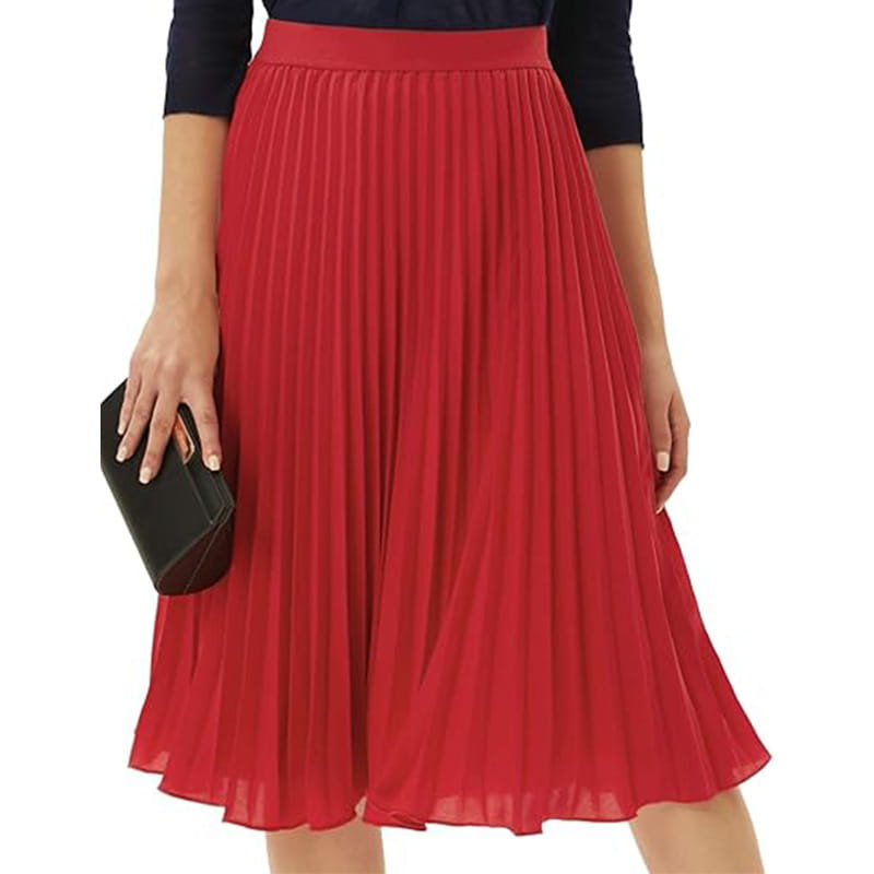 A vibrant red pleated midi large swing casual skirt with smooth flowing fabric and a fitted waistband.