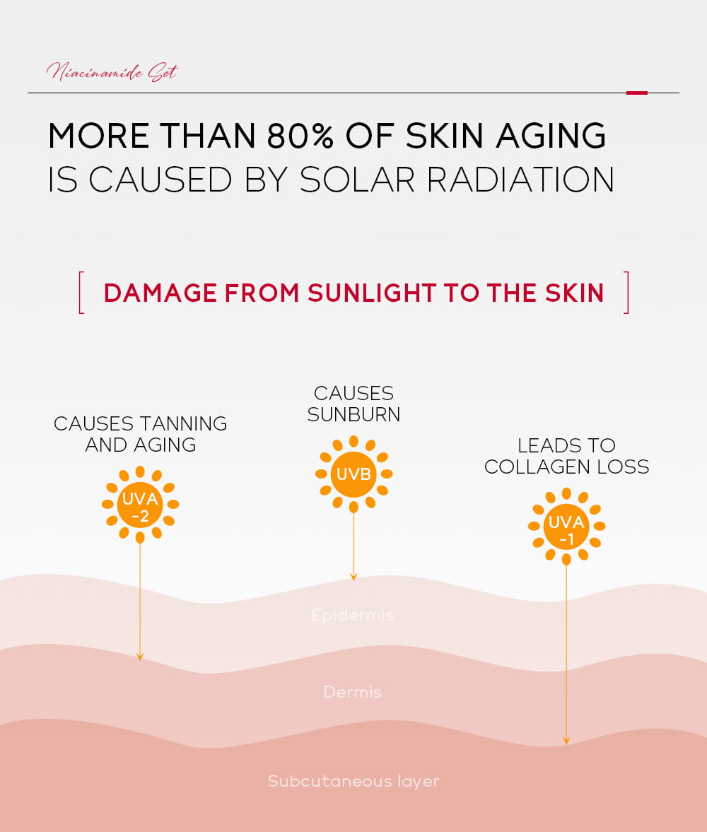 Educational infographic of nicotinamide day 50g moisturizing isolation spf 50 illustrating how uv-a and uvb solar radiation damages the epidermis, dermis, and subcutaneous skin layers.