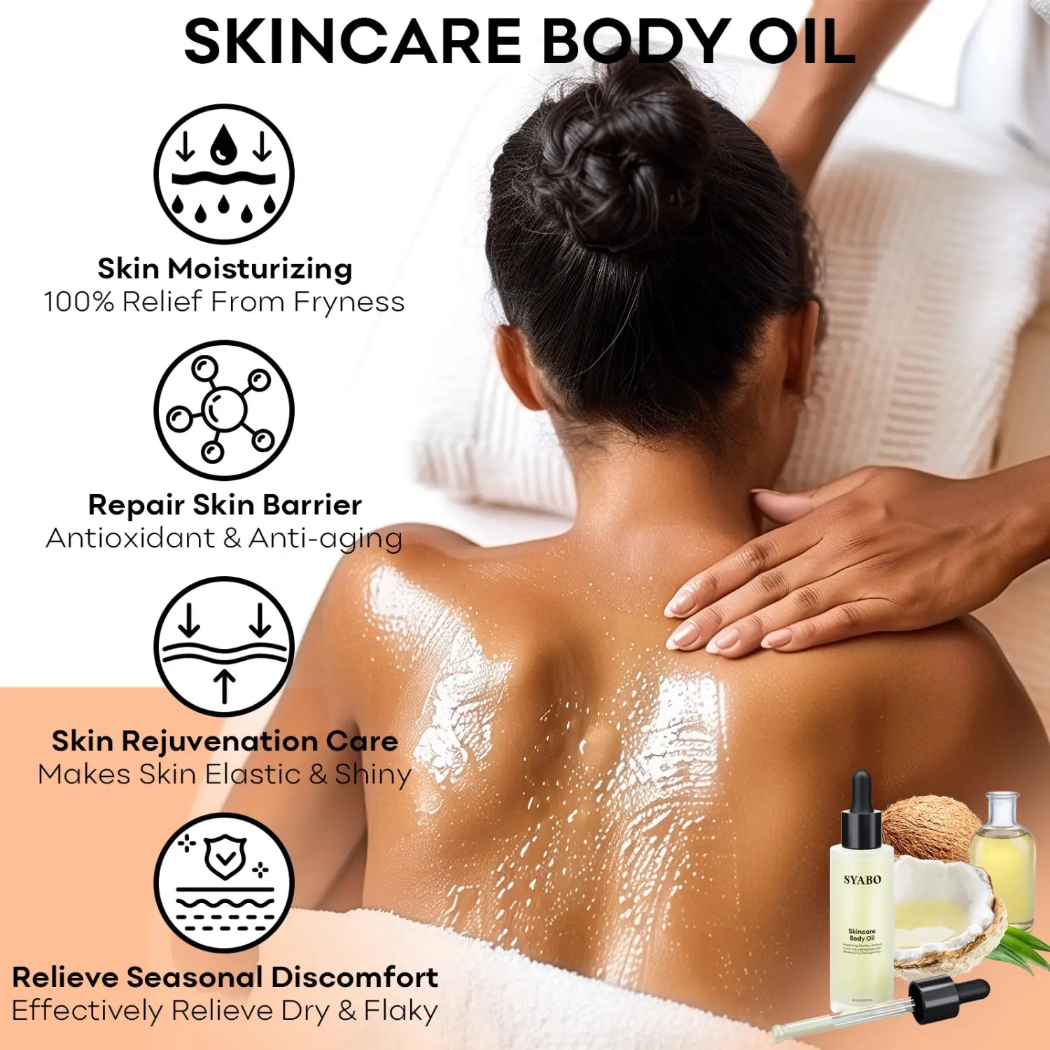 a sleek transparent glass bottle of syabo skincare body care essential oil with a black dropper cap and minimalist white label for body care essential oils.