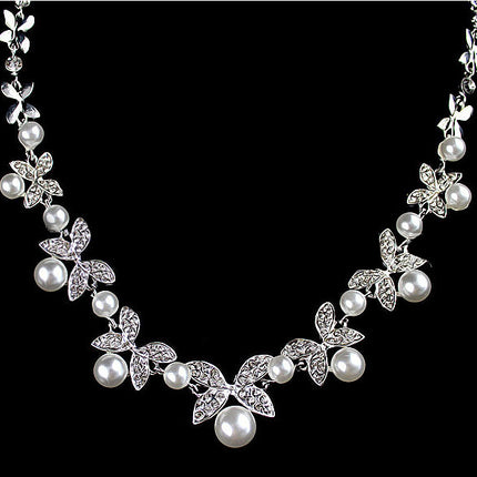 B0879 bride wedding jewelry accessories wholesale fashion diamond pearl necklace earrings set leaves the atmosphere - Royalessencelux