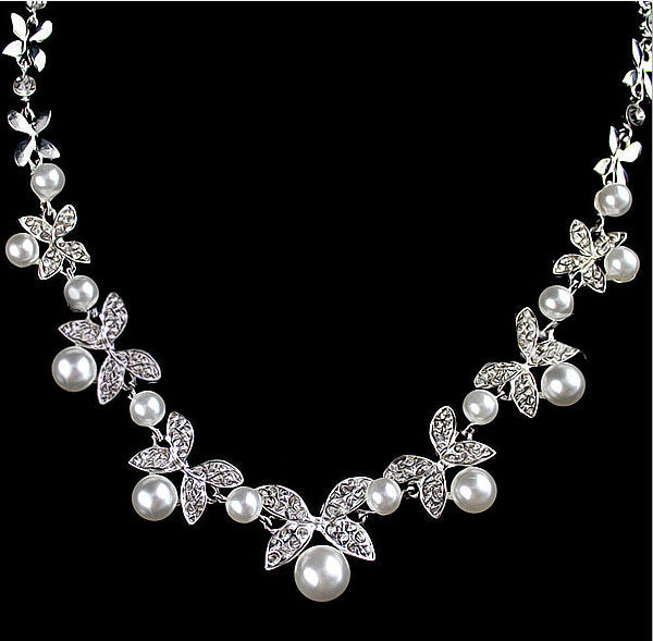 B0879 bride wedding jewelry accessories wholesale fashion diamond pearl necklace earrings set leaves the atmosphere - Royalessencelux