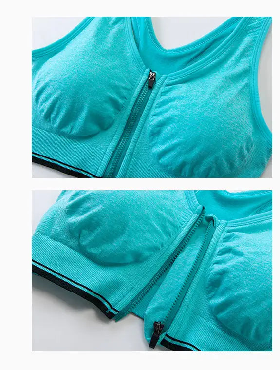 Turquoise knit zipper sports bra with black trim and a front zipper featured in a gray textured front zipper sports bra product.