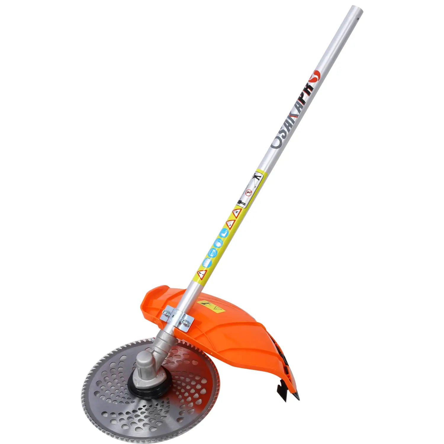 Orange plastic guard with silver metal shaft and circular cutting blade for a hedge trimmer and brush cutter multi tool set featuring durable plastic pruning tools
