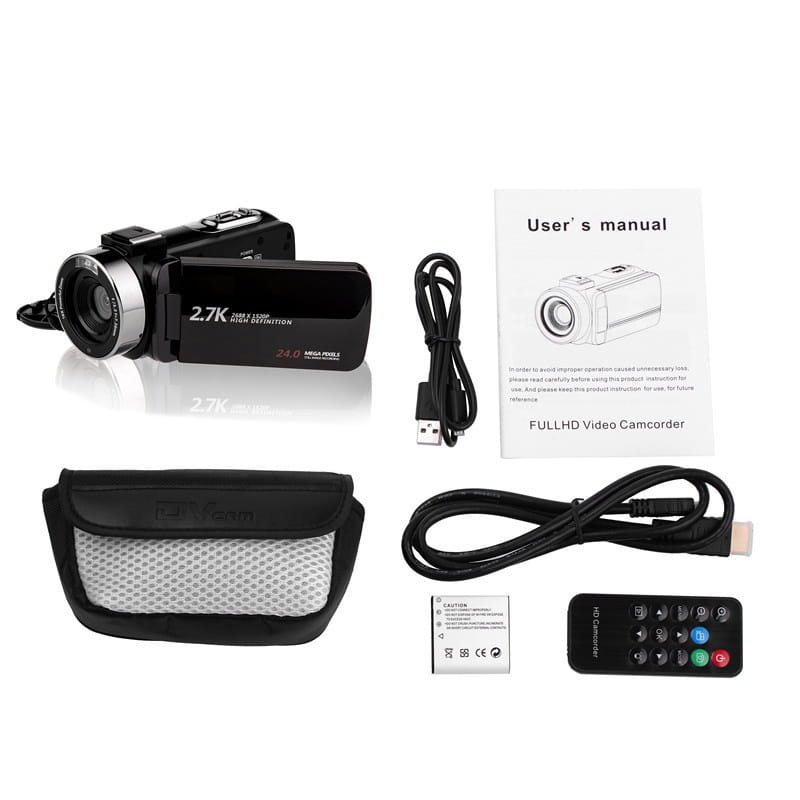 standard black english 2.7k hd digital camcorder dv06s in black and silver with a sleek compact design featuring a prominent lens and digital display panel for easy operation.