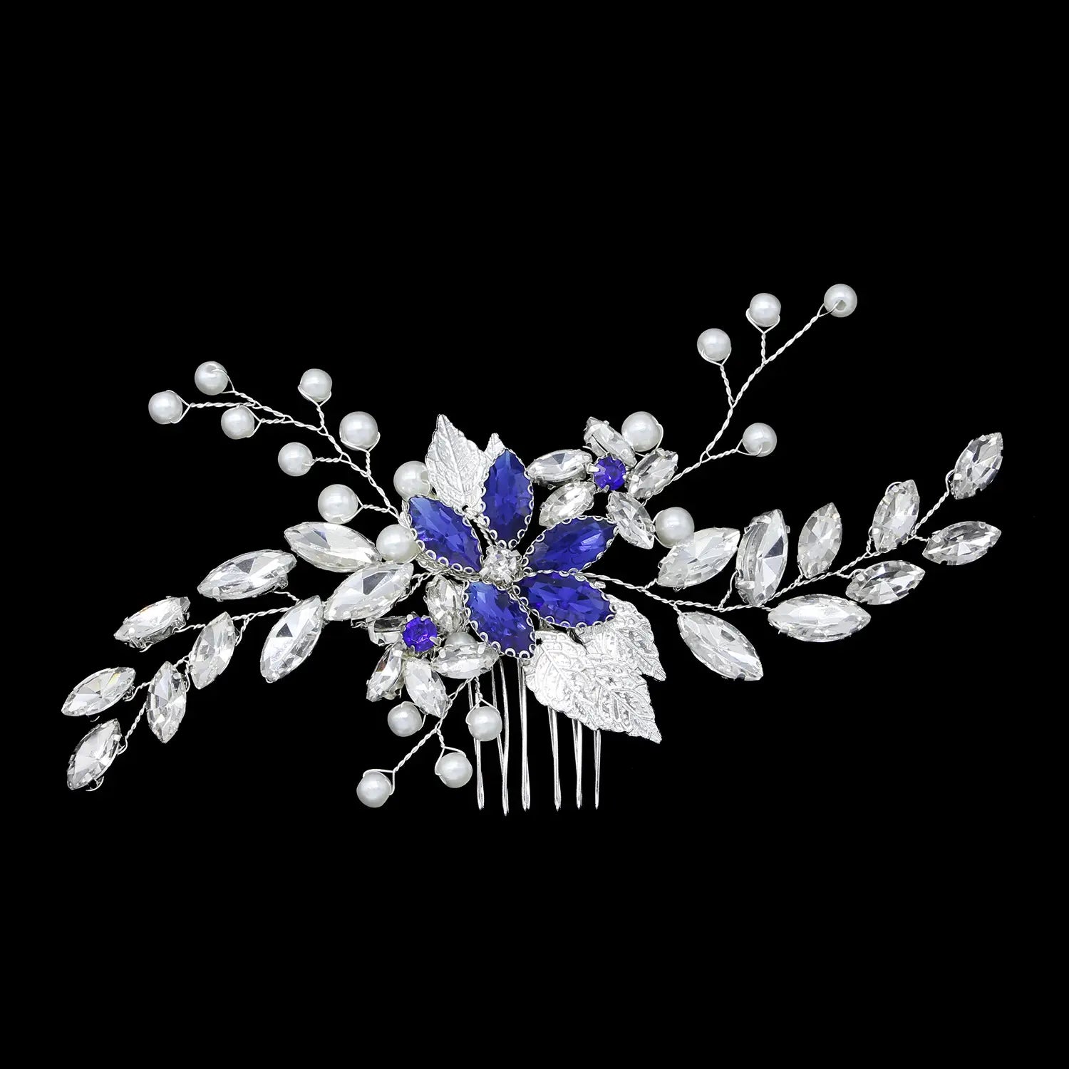 A delicate silver hair comb with a central blue gemstone flower, clear crystals, and pearl accents designed as silver crystal gauze dress accessories headdress.