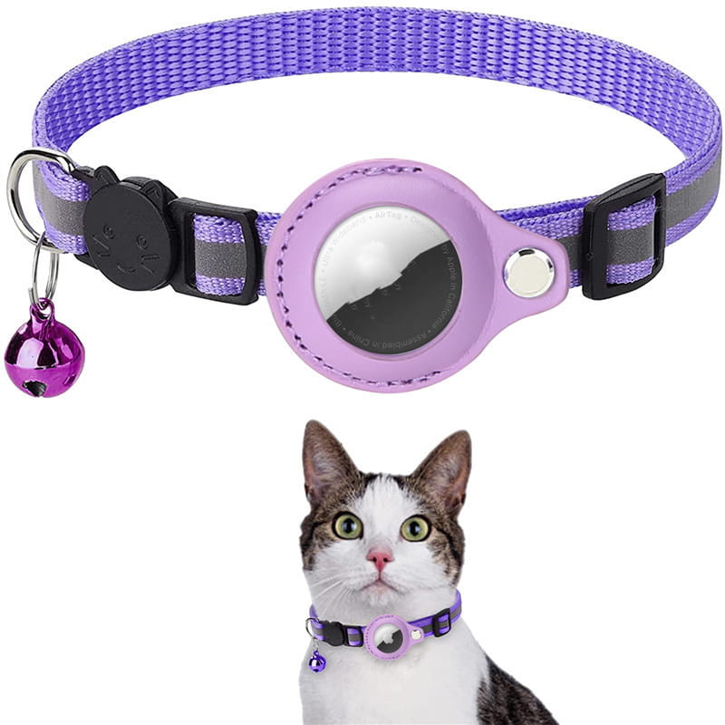 Purple woven reflective collar waterproof with black plastic buckle and matching lavender silicone waterproof holder case for airtag accented by a dangling purple bell.
