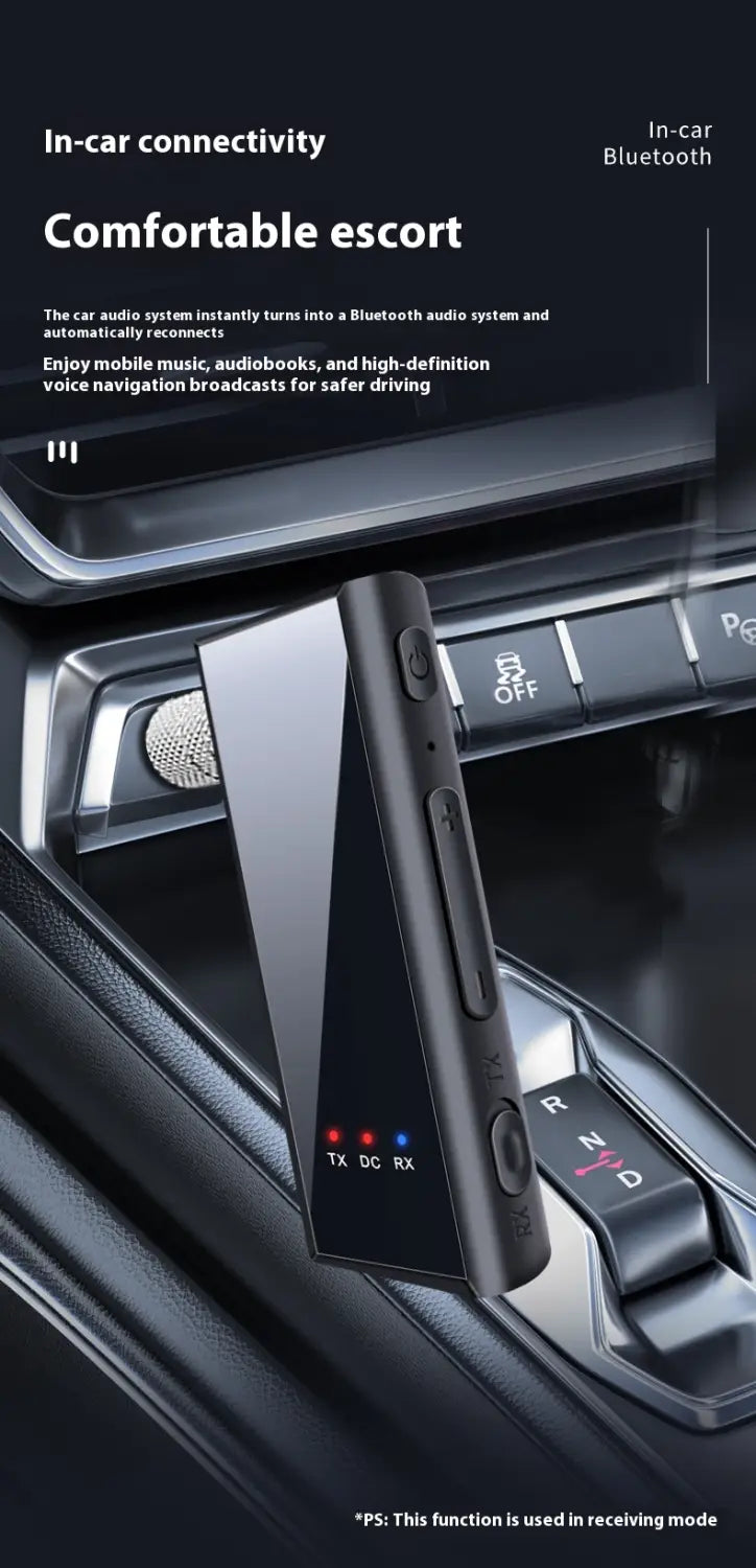 black rectangular 3.5mm bluetooth adapter car audio transmitter with silver accents and labeled ports for adapter car bluetooth use