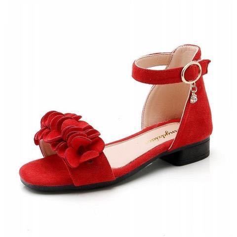 Red suede girls sandals beach with an ankle strap, layered floral embellishment, and gold-toned circular buckle for a beach big princess look.