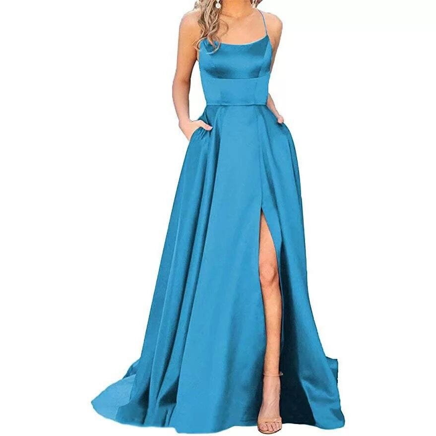 A solid color long teal satin evening gown with a square neckline, thin spaghetti straps, high slit, and a slimming fit suitable for shoulder hollow girlfriends.